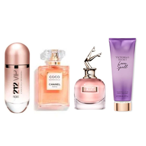 Kit  Perfumes + Crema: Coco Chanel, Scandal, 212 VIP Rose, Crema V/S