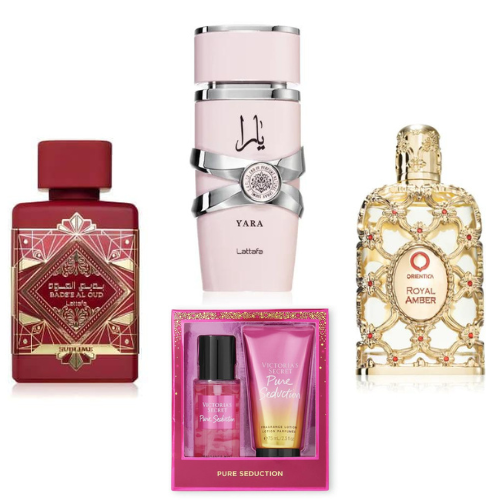 KIT 3 PERFUMES + REGALO - LATTAFA YARA + LATTAFA SUBLIME + ROYAL AMBER + VICTORIA SECRETS SECUCTION y SPLASH