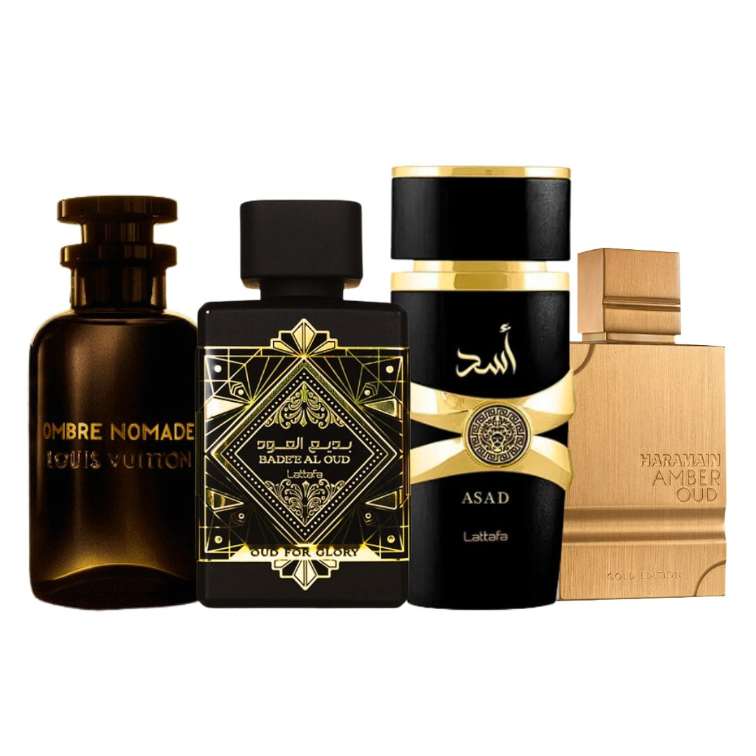 KIT 4 PERFUMES + REGALO ( Lattafa Oud For Glory, Lattafa Asad, Al Haramain, Ombre Nomade)