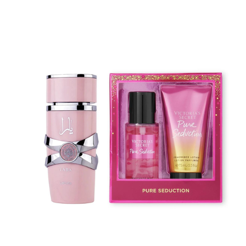 KIT LATTAFA YARA + VICTORIA SECRETS PURE SEDUCTION y SPLASH