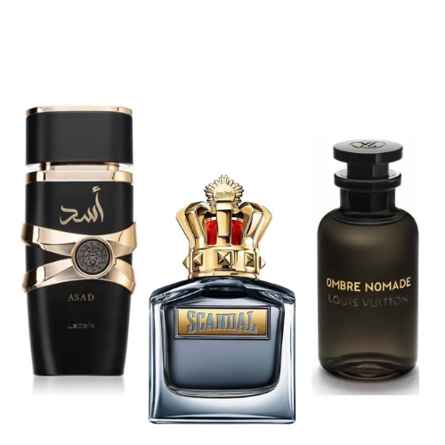 KIT 3 PERFUMES - SCANDAL MEN + LATTAFA ASAD + OMBRE NOMADE